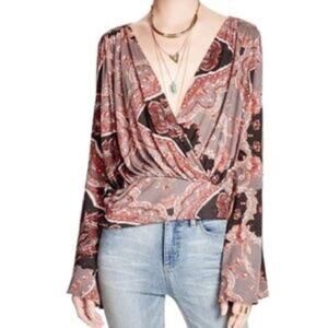 Free People Fiona Print Top Surplice Statement Sleeve Blouse Shirt Medium